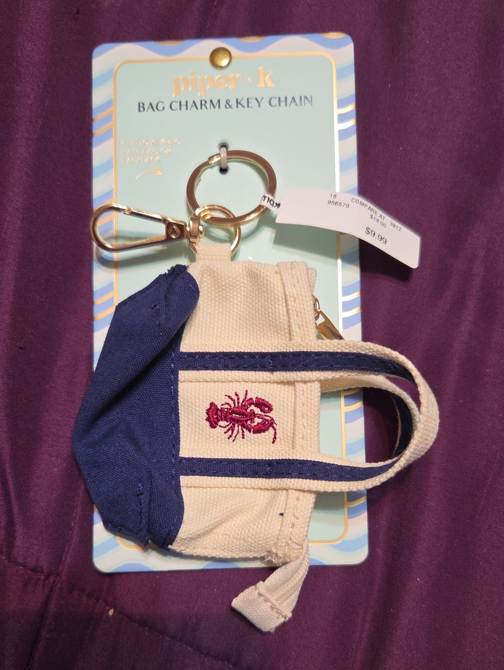 piper•k Navy & Cream Lobster Embroidered Mini Tote Keychain